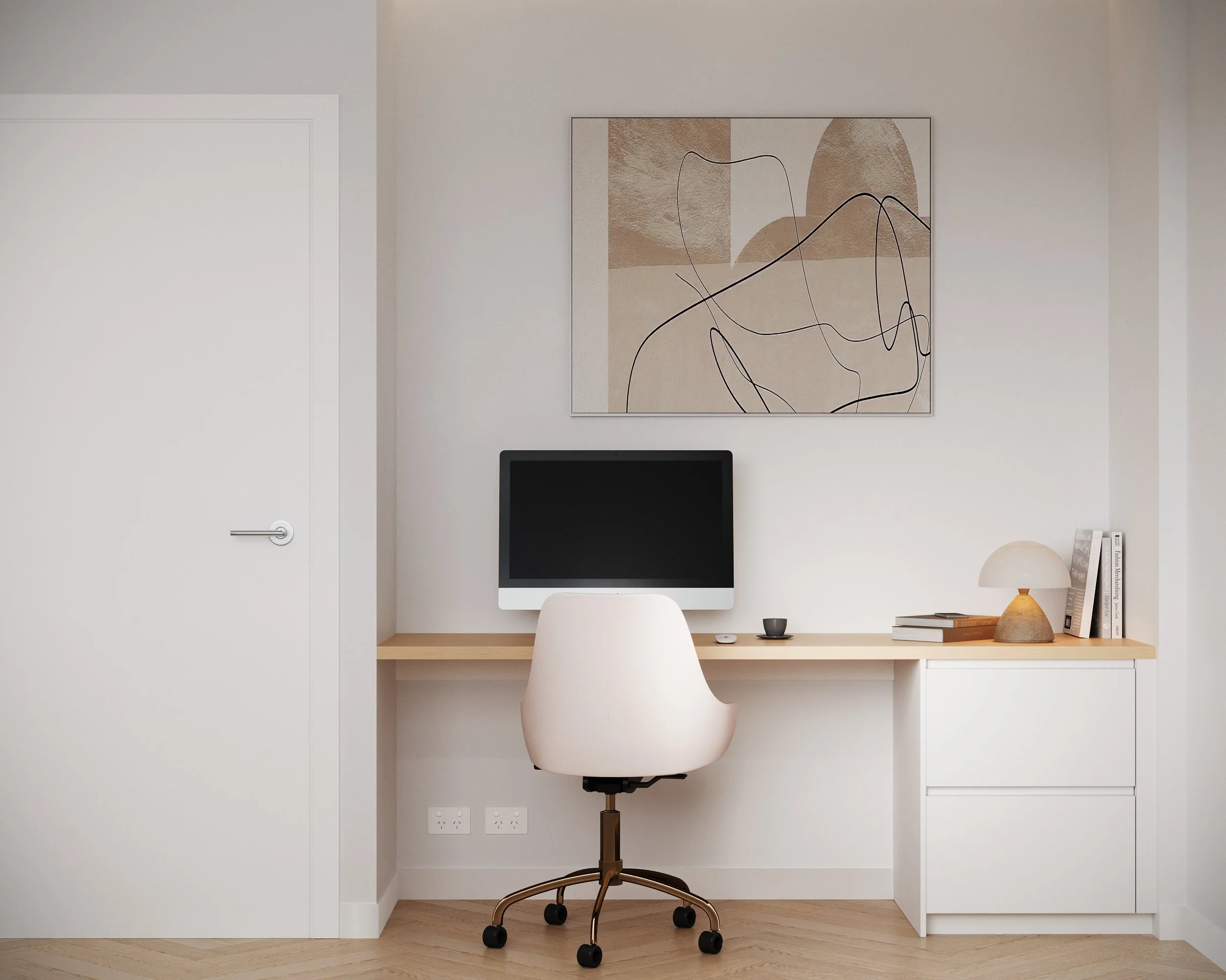 Study with white drawers and timbergrain benchtop