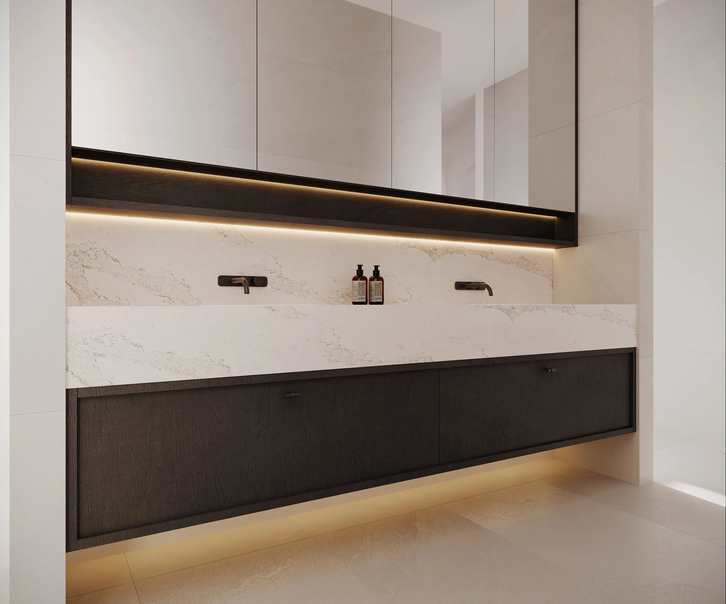 Vanity in dark timbergrain and stone benchtop and double vanity