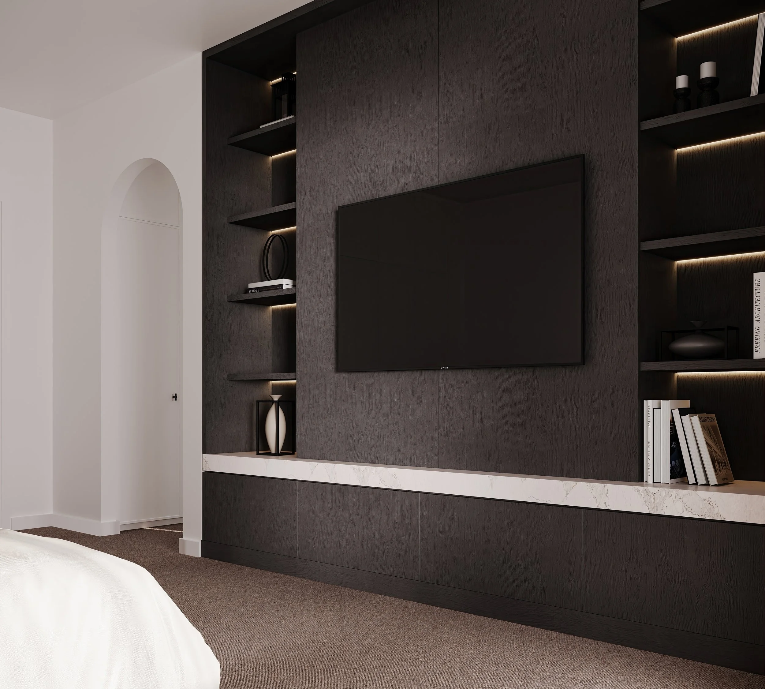 Entertainment unit in dark timbertrain with TV, storage, and open shelving