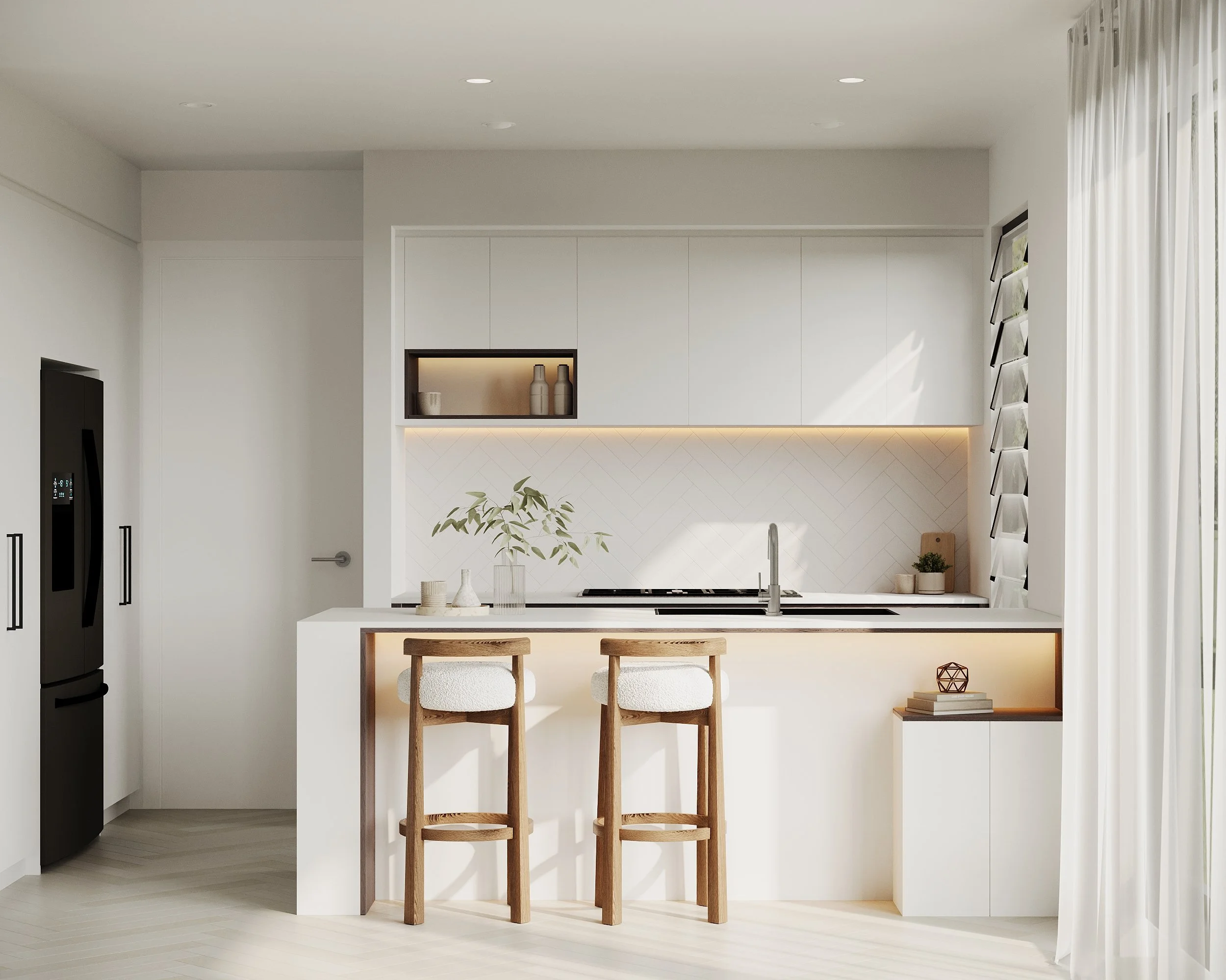 Classic white kitchen with open shelf