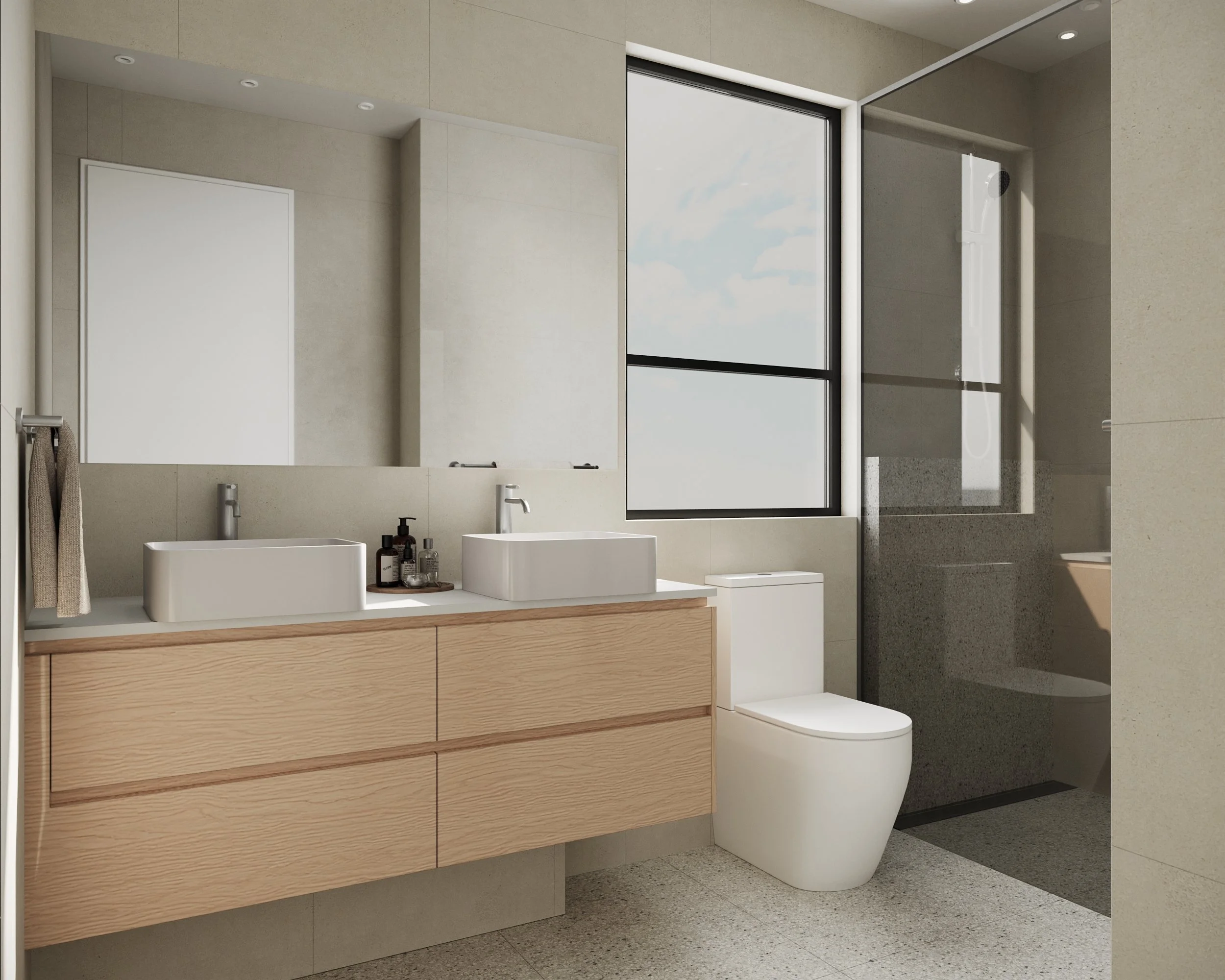 Vanity in light timbergrain with double basins