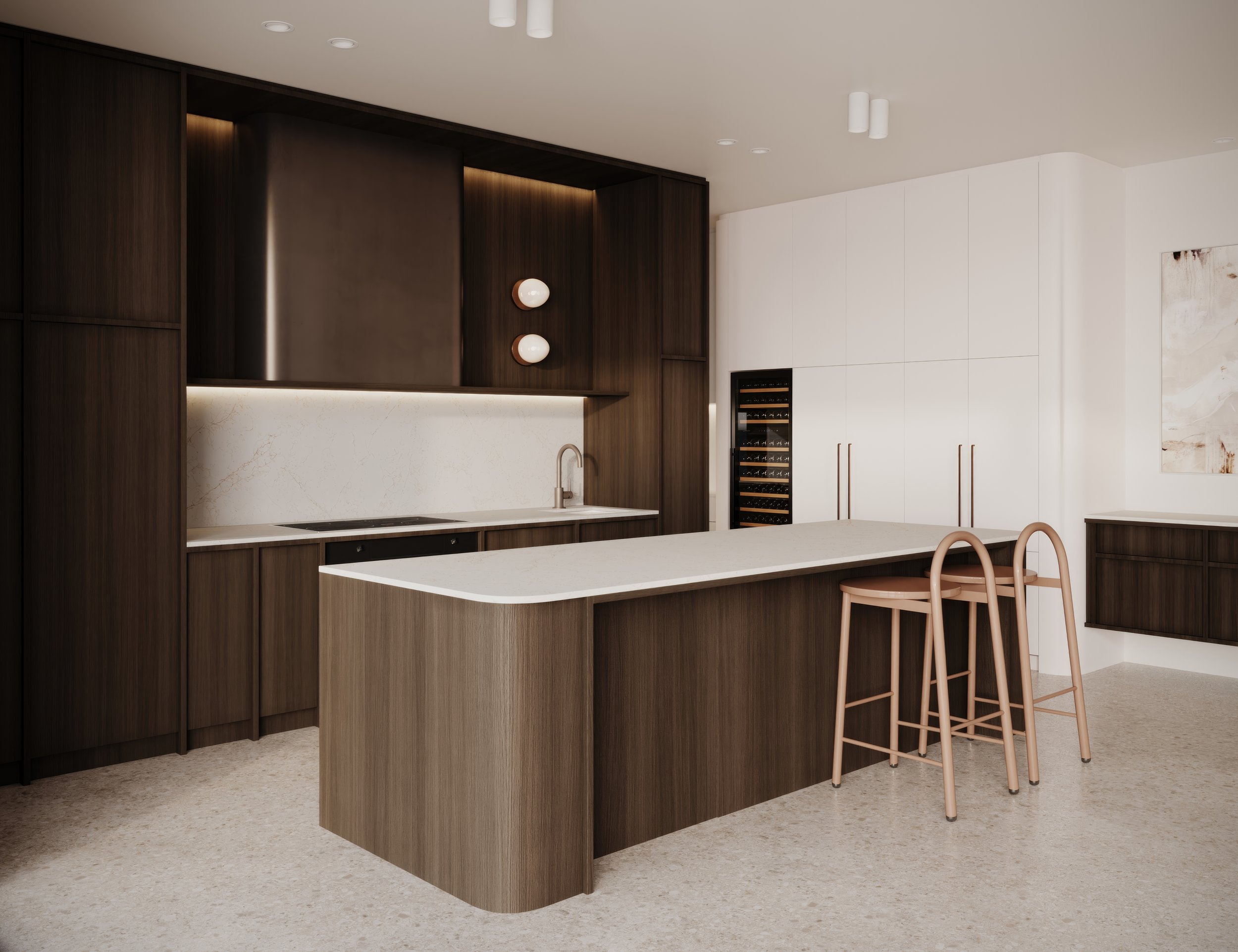 Dark timbergrain kitchen with curves and stone benchtops and feature wall lights