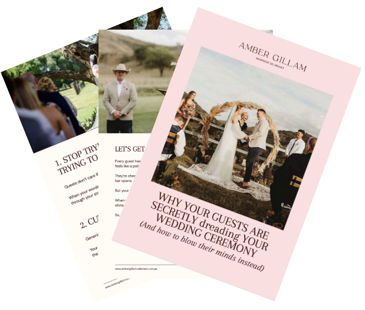 Three pages of a wedding guide or brochure with the title "Why Your Guests Are Secretly Reading Your Wedding Ceremony" and an image of a couple exchanging vows outdoors, with guests watching.