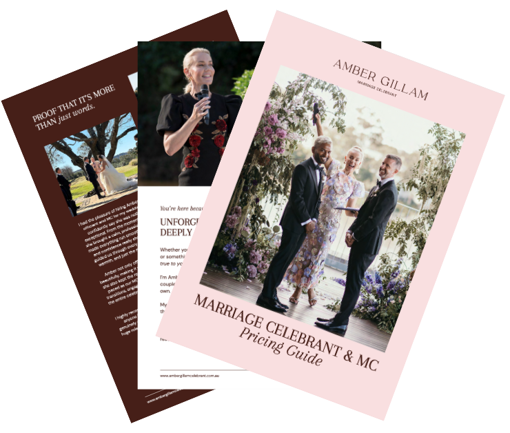 A pink document cover titled "Marriage Celebrant & MC Pricing Guide" featuring a photo of a wedding ceremony with two men and a woman officiant outdoors, surrounded by flowers. Behind it are two other brochures, one with a woman speaking at a microphone and another with a wedding scene.