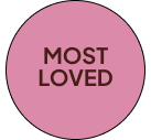 Pink circle with the words "MOST LOVED" in black text.