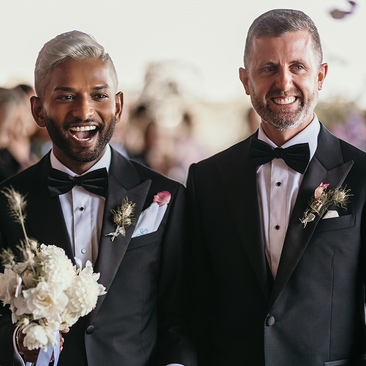 Two men in tuxedos at a wedding, smiling, with boutonnières and floral decorations