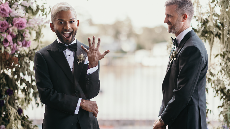 Two men in tuxedos at a wedding, one showing his hand with an engagement ring, the other smiling at him, with flowers and water in the background.