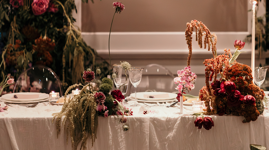 Elegant dining table with floral centerpiece, candles, wine glasses, and plates with napkins, set for a special occasion or celebration.