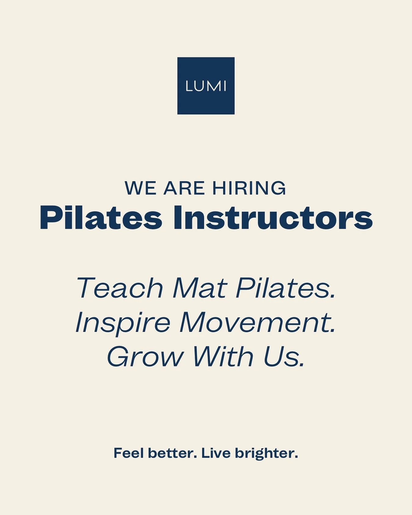 We&rsquo;re growing our team at LUMI &mdash; and we&rsquo;re looking for Pilates instructors who are ready to grow with us. 🌿

If you&rsquo;re passionate about mindful movement, creating supportive class environments, and helping people feel good in