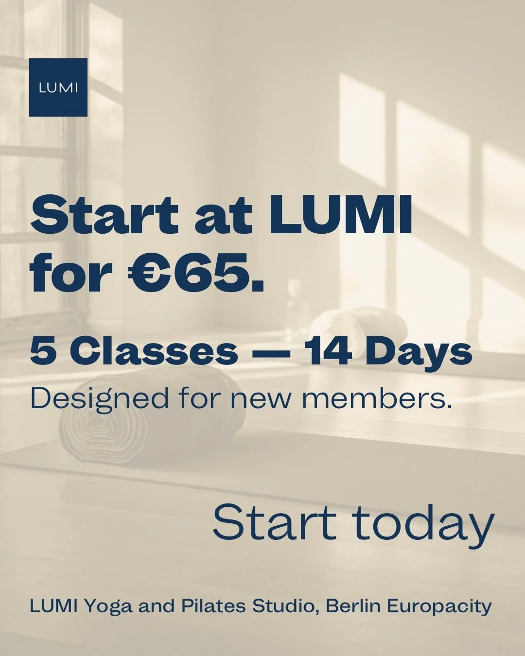 Start at LUMI for &euro;65.

Your Foundation Pass includes: 5 classes in 14 days.

Structured. Guided. Beginner-friendly.

No experience needed. No long-term commitment. Just a proper start.

And if you continue within your first 14 days, you&rsquo;l