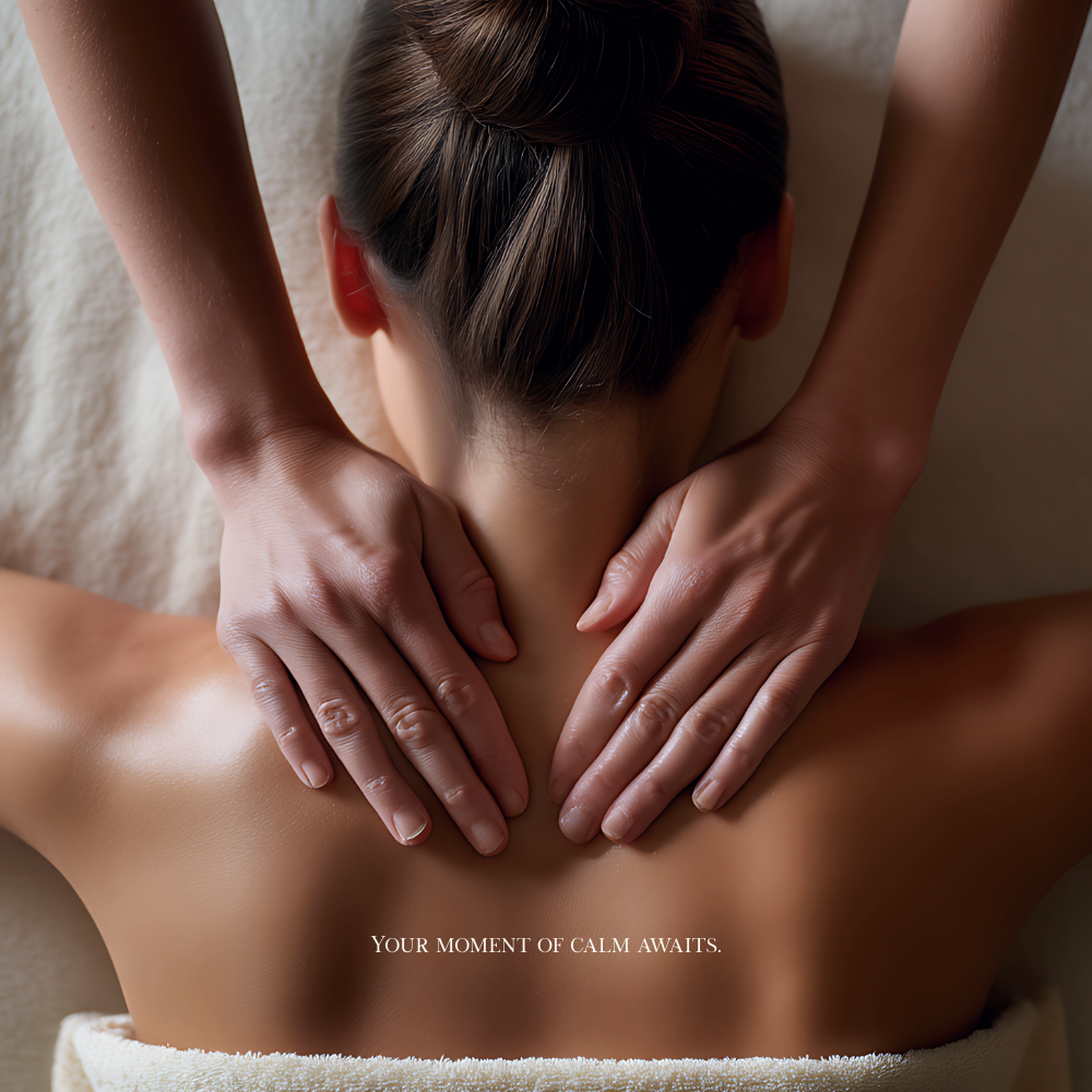 A woman receiving a neck and shoulder massage with text that reads 'Your moment of calm awaits.' Velvet studios ready made template.