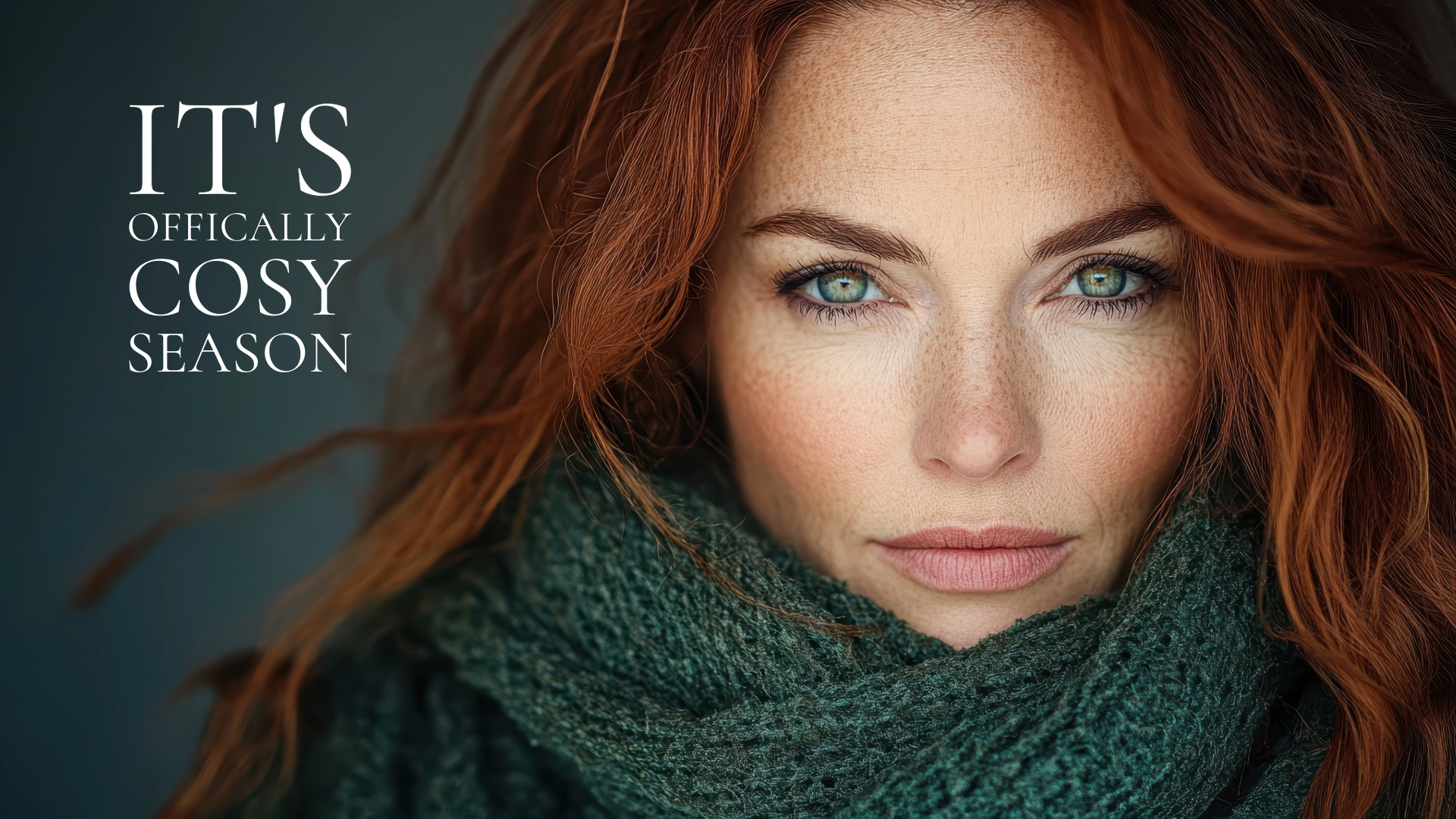 Close-up of a woman with red hair and blue eyes, wearing a dark green scarf, with text saying "It's Officially Cosy Season."