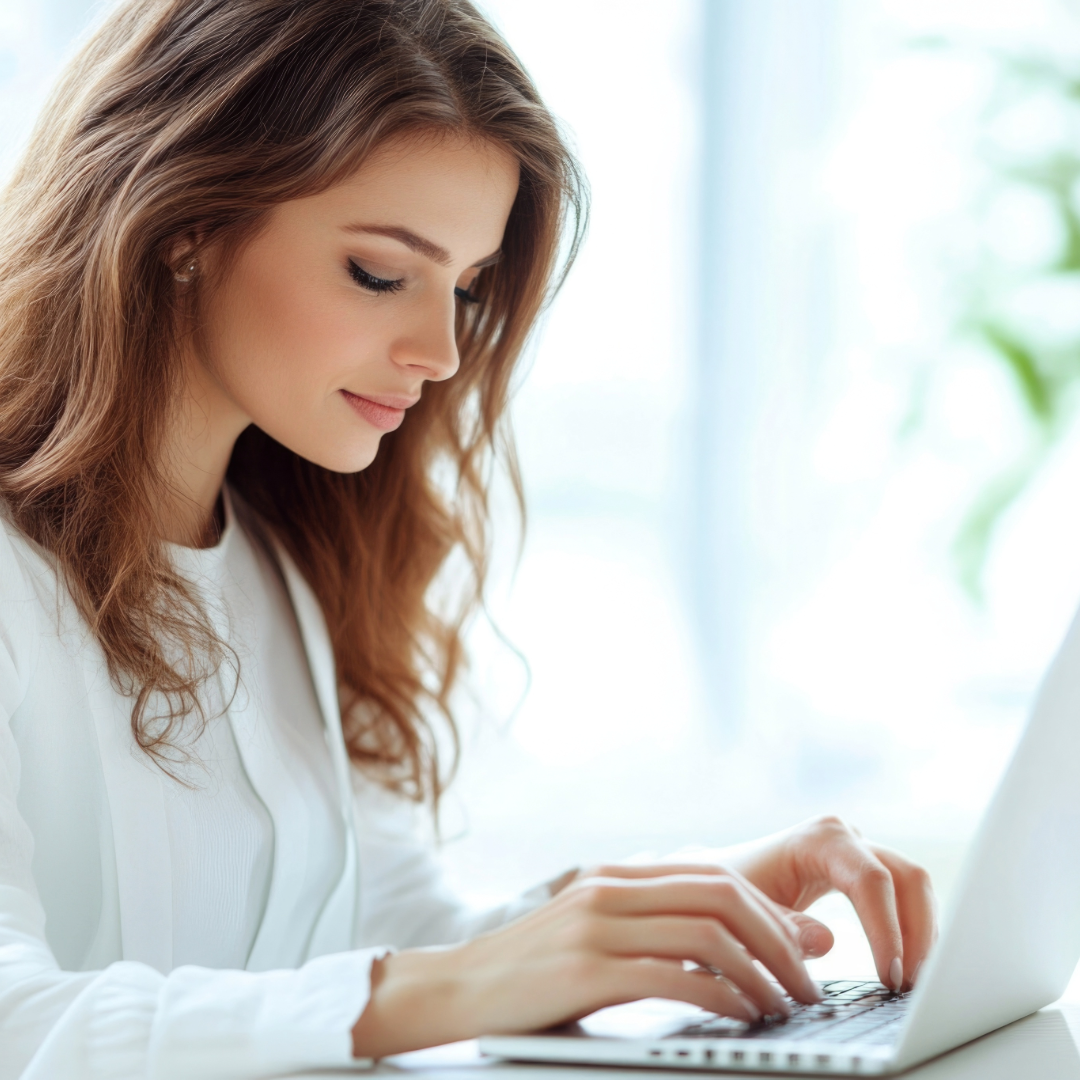 A woman with light brown hair working on a laptop at a desk near a bright window.