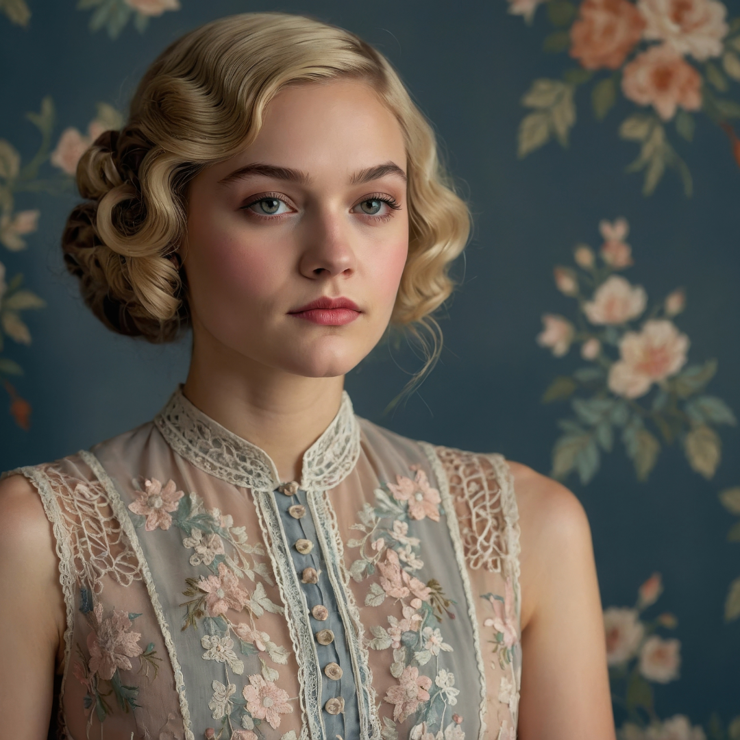 York Aromatics, a young woman with blonde, vintage-style curled hair, wearing a sheer embroidered lace blouse with floral details, against a blue floral wallpaper background.