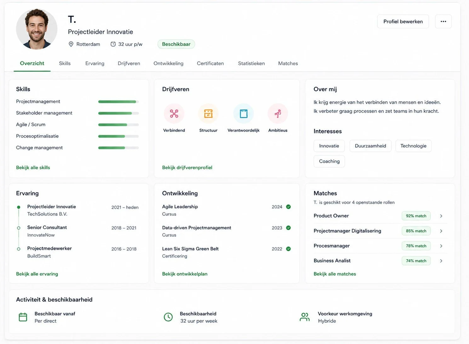 Een persoonlijk professioneel profiel van een man met de naam T., projectleider innovatie, weergegeven op een online profielpagina. Het toont vaardigheden, kennis, competenties en bijzonderheden.