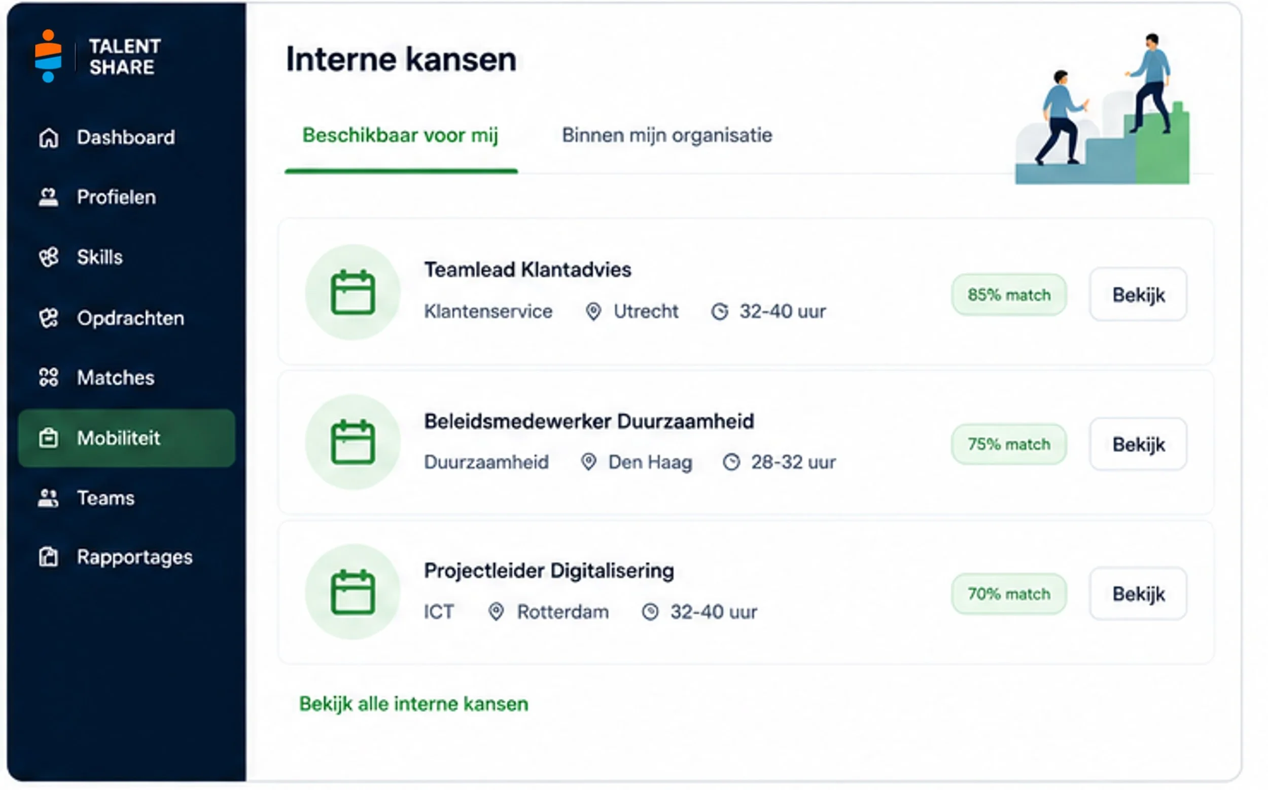 Schermafbeelding van een online dashboard met interne carrièrekansen, waaronder functies met matchpercentages en opties om te bekijken.