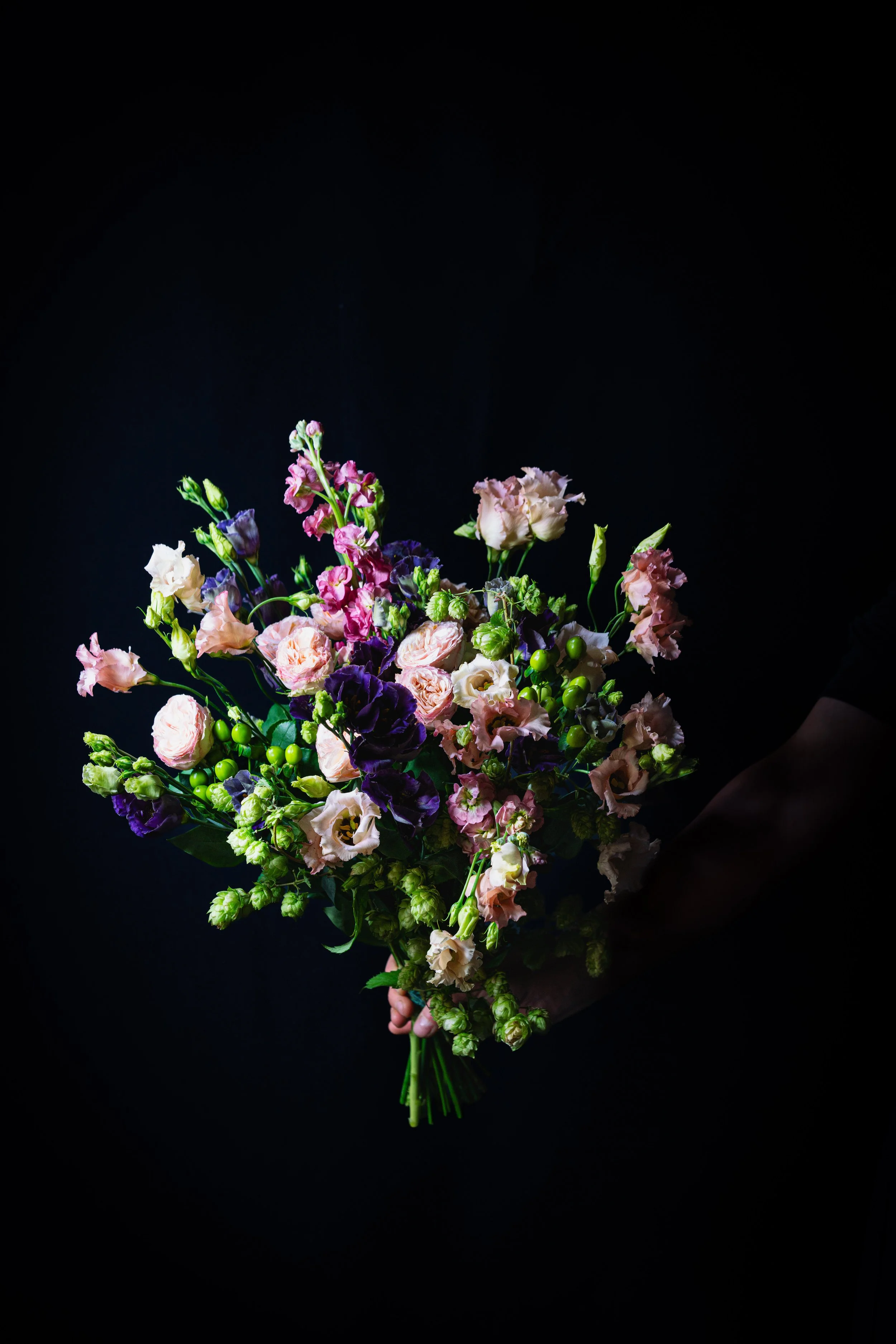 The Garden One – loose garden-inspired flower bouquet in soft pink, purple and green, hand-tied in Oakham, Rutland
