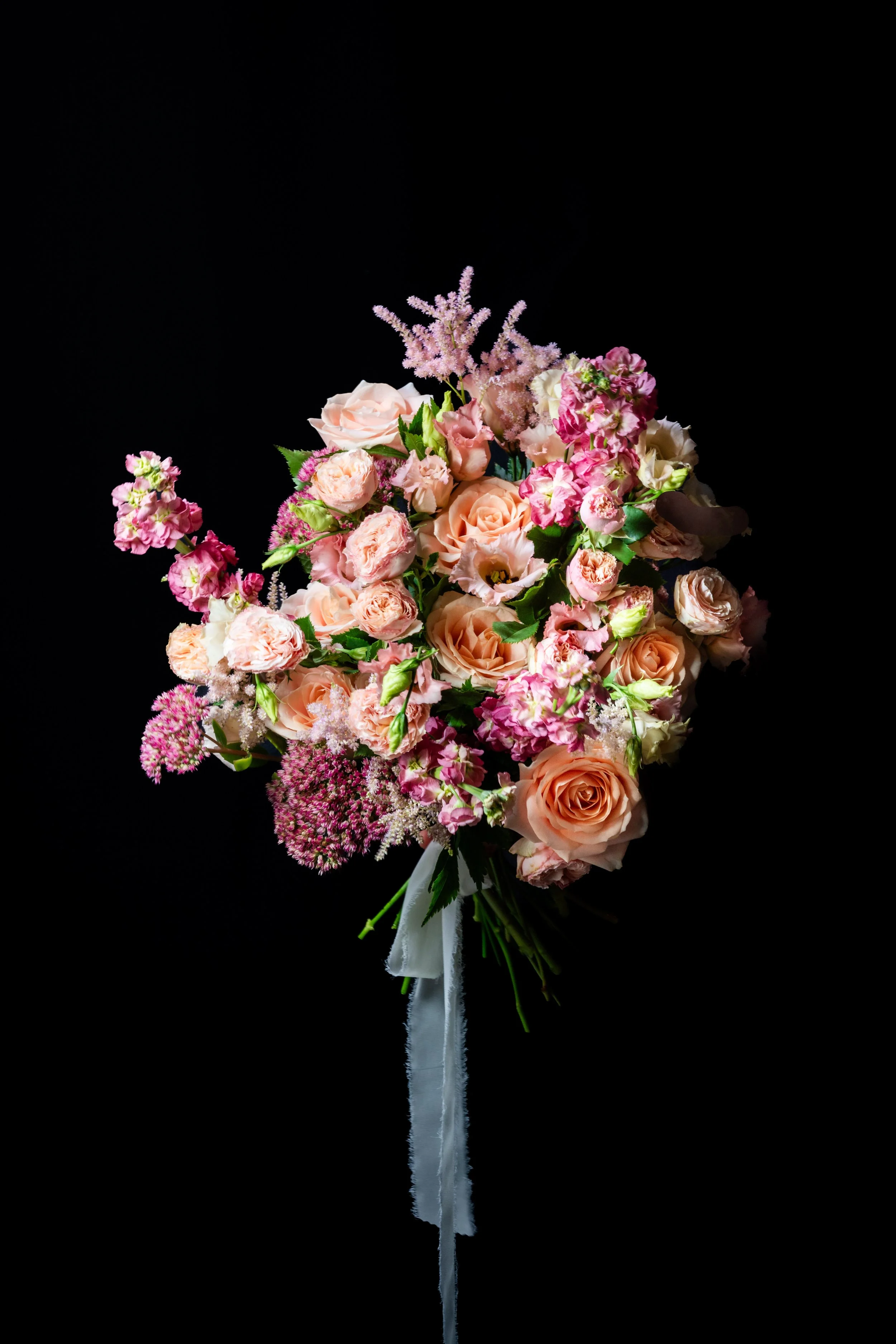 The Soft One – soft pink and apricot seasonal flower bouquet, designed and hand-tied in Oakham, Rutland