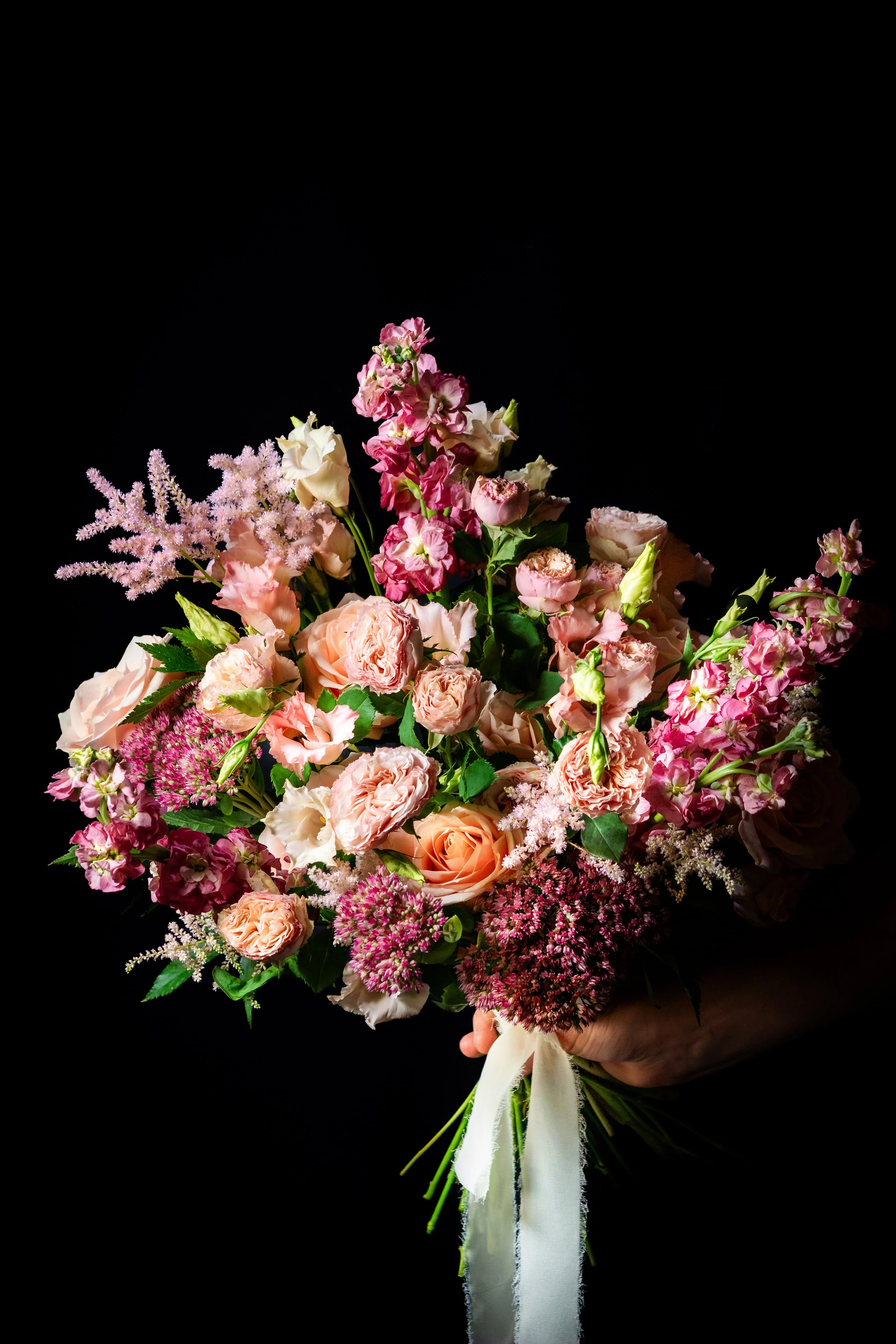 The Soft One – hand-tied bouquet in blush pink, apricot, cream and rose seasonal flowers by fōrm&blōm