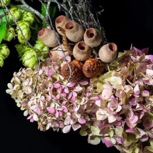 Detail of The Wild One seasonal wreath showing hydrangea, seed heads and naturally dried botanical textures