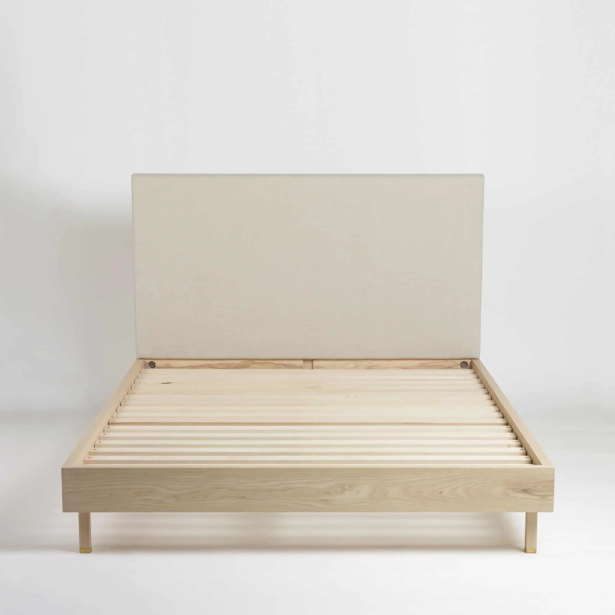 Bed TWO showing natural linen upholstered headrest and solid ash frame
