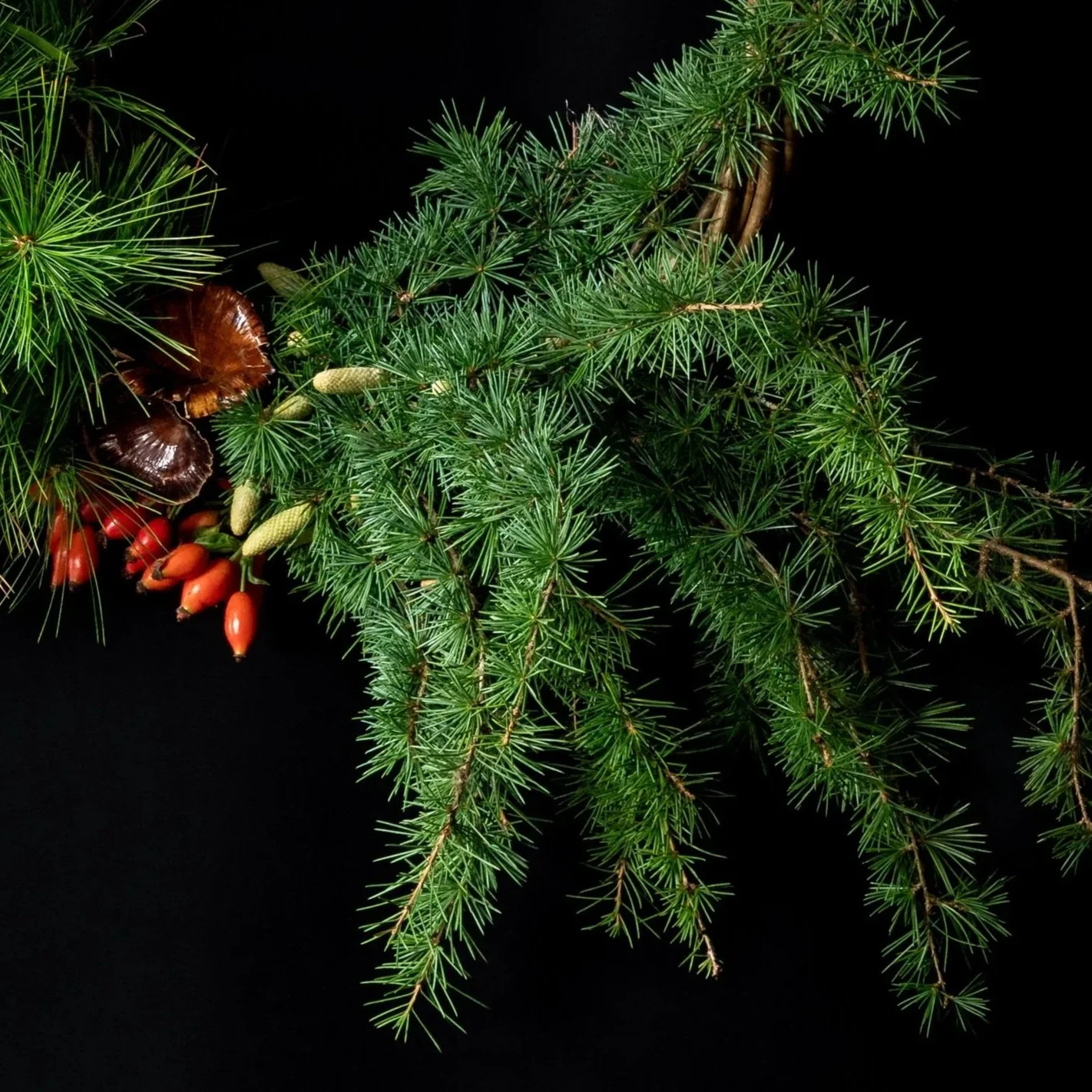 Evergreen foliage, berries and natural textures on The Winter One handmade seasonal wreath