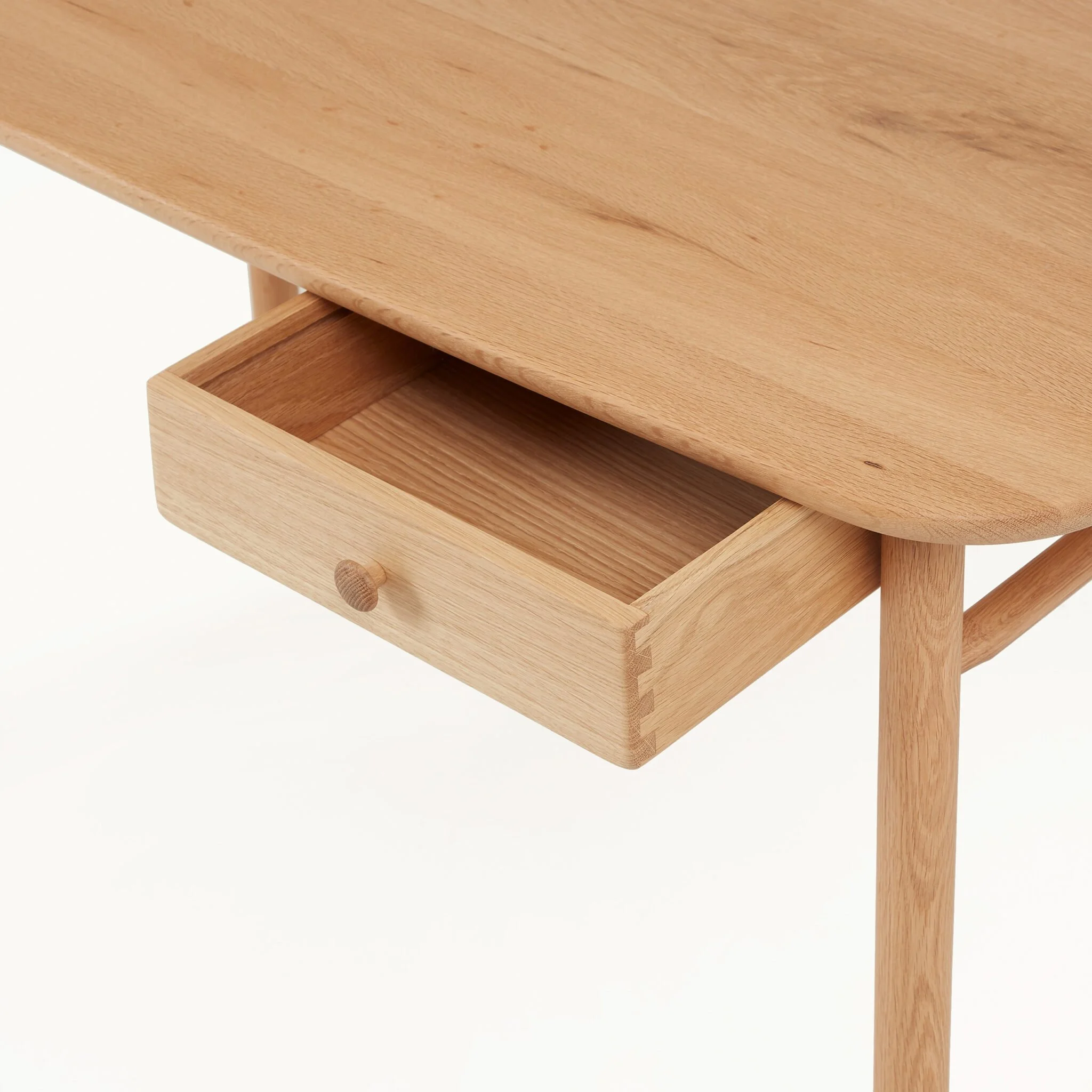 Hardy Desk showing integrated drawer open and solid oak construction