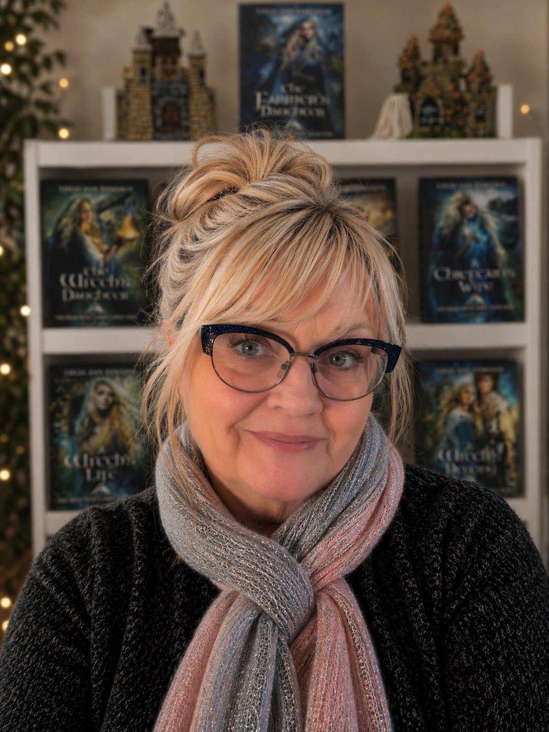 A woman with blonde hair in a messy bun wearing glasses, a black top, and a multicolored scarf, smiling in front of a bookshelf filled with books and decorative houses, with a "The Witches of Dune" book and a poster in the background.