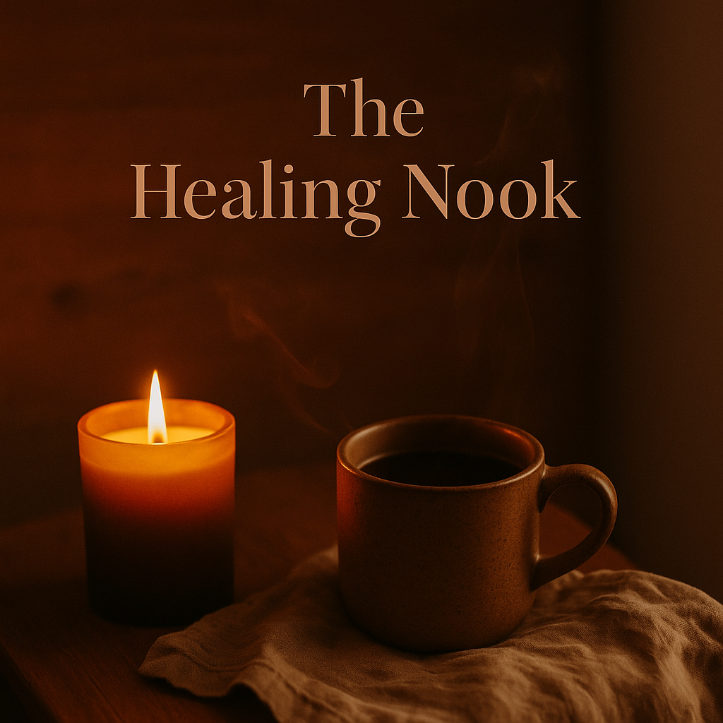 A lit candle and a cup of coffee on a cloth, with text that says 'The Healing Nook' in the background.