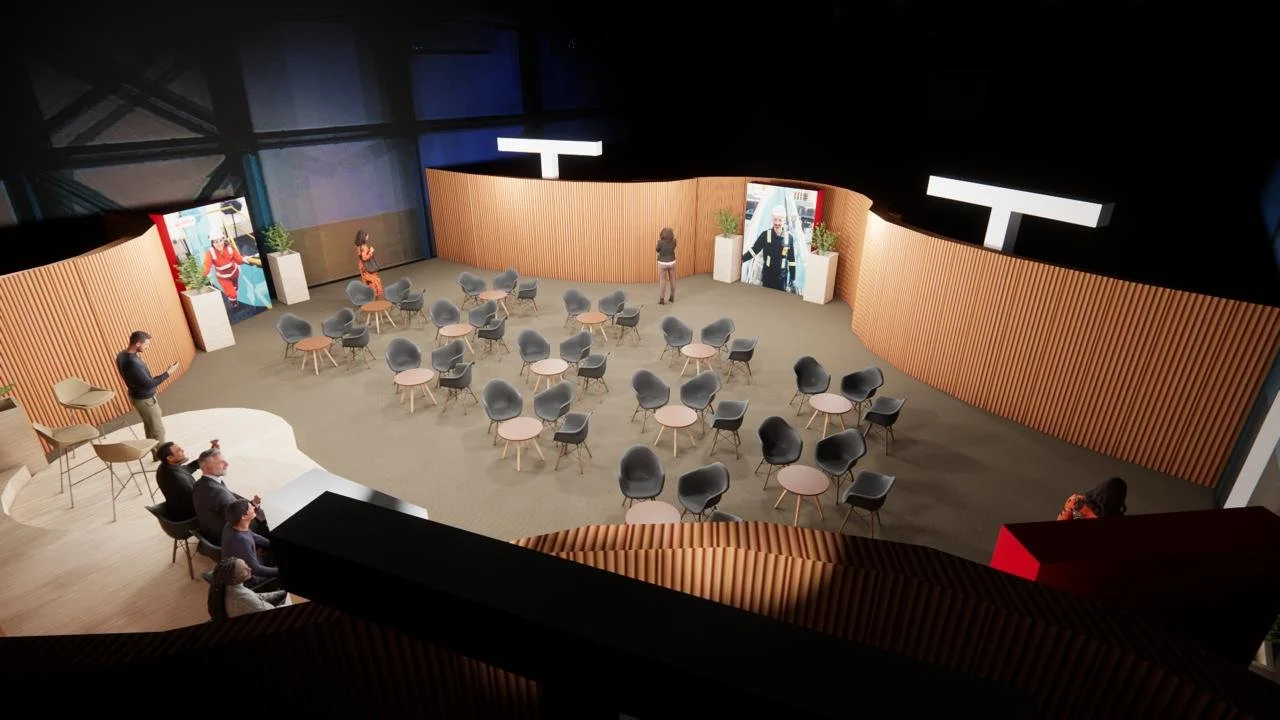 A 3D visualisation created for THEMA: Sustainable Desalination, showing the proposed stage, informal seating layout, branded screen and wider conference environment.