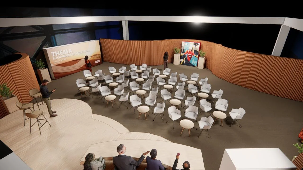 An early spatial design for the Veolia conference, exploring the relationship between the presentation stage, audience seating, branded installations and circulation around the venue.