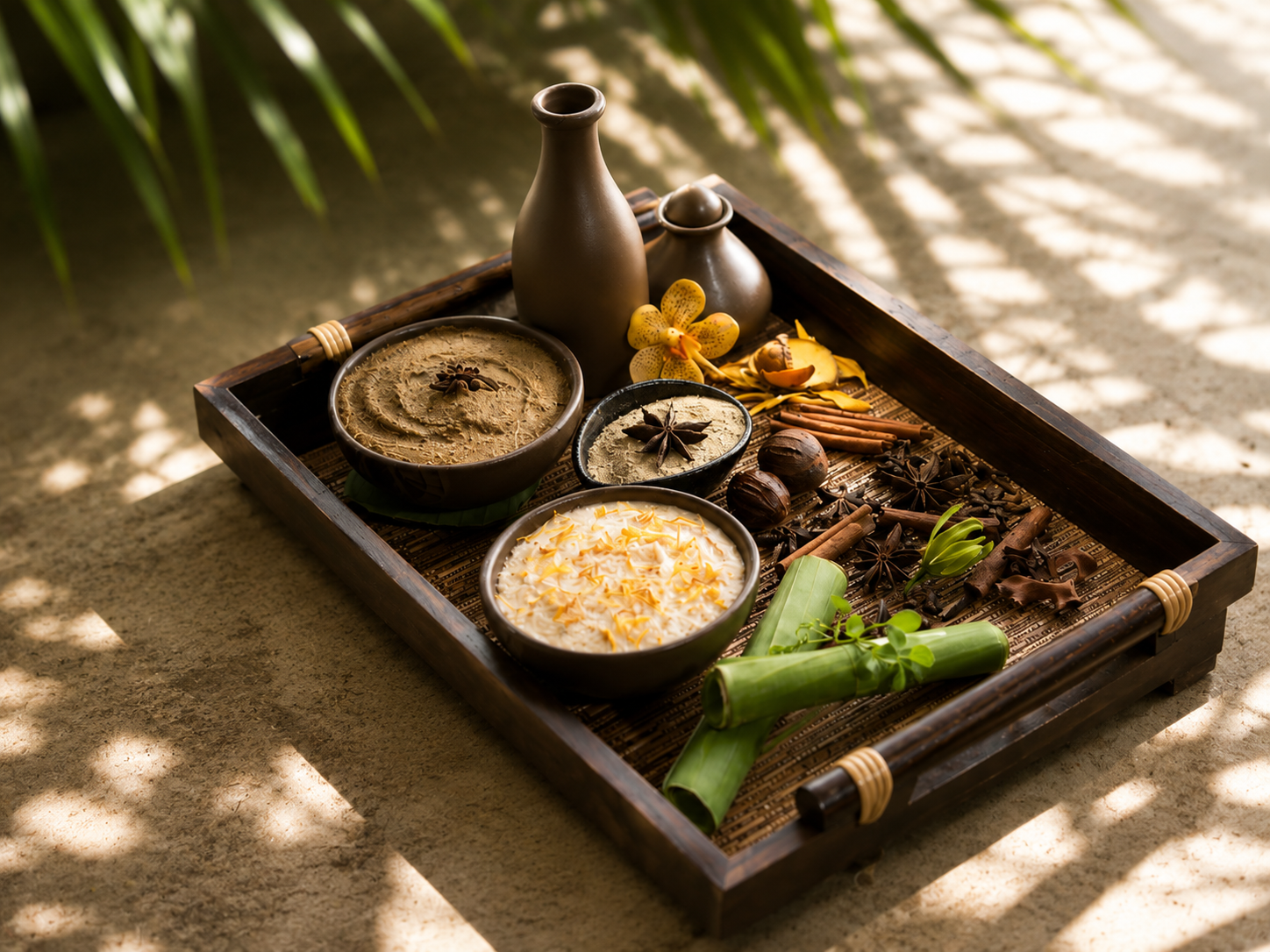 A botanical wellness arrangement featuring herbs, spices, flowers and treatment preparations, created to express the natural ingredients and sensory character behind Biossentials’ aromatherapy range.
