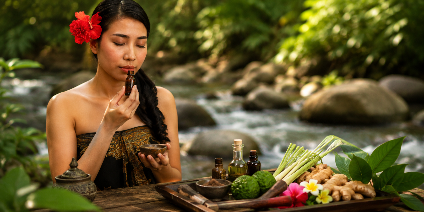 A natural aromatherapy ritual beside a tropical stream, reflecting Biossentials’ connection to botanical ingredients, traditional wellness practices and the restorative power of nature.