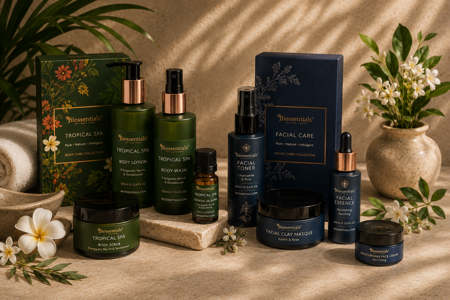 Biossentials Tropical Spa and Facial Care products arranged with natural botanical details, presenting the brand’s professional body and skincare collections.