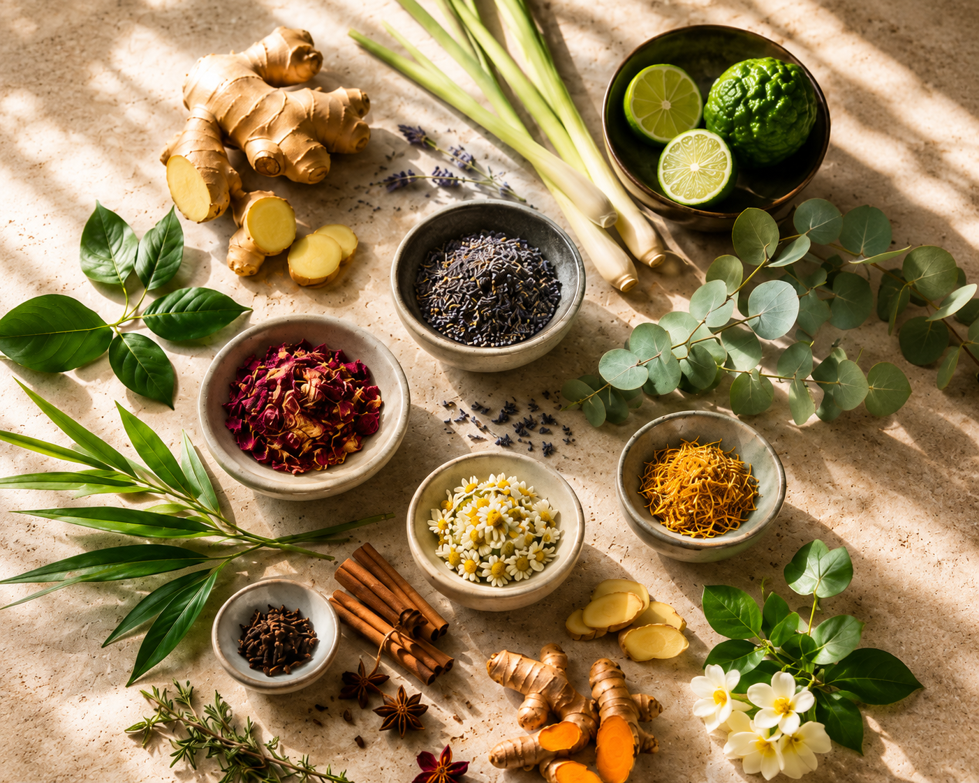 A selection of botanicals including lavender, citrus, ginger, lemongrass, eucalyptus and flowers, reflecting Biossentials’ nature-led approach to aromatherapy and wellness.