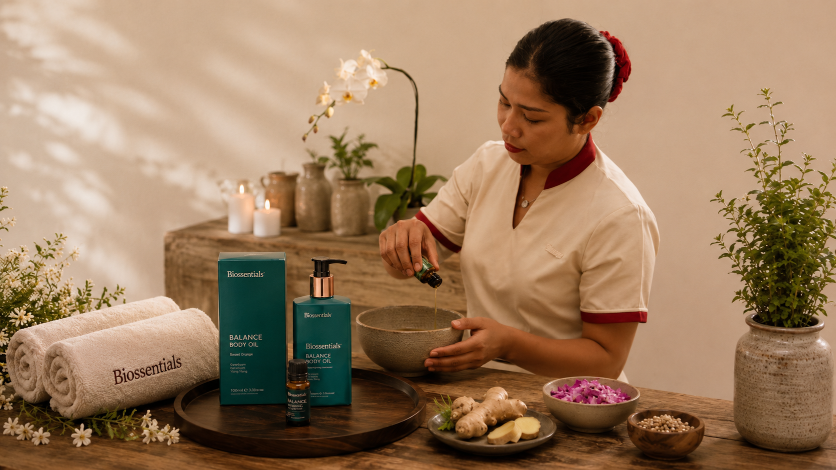 A spa therapist preparing a treatment using Biossentials Balance Body Oil, presenting the brand’s products within a warm, professional wellness setting.