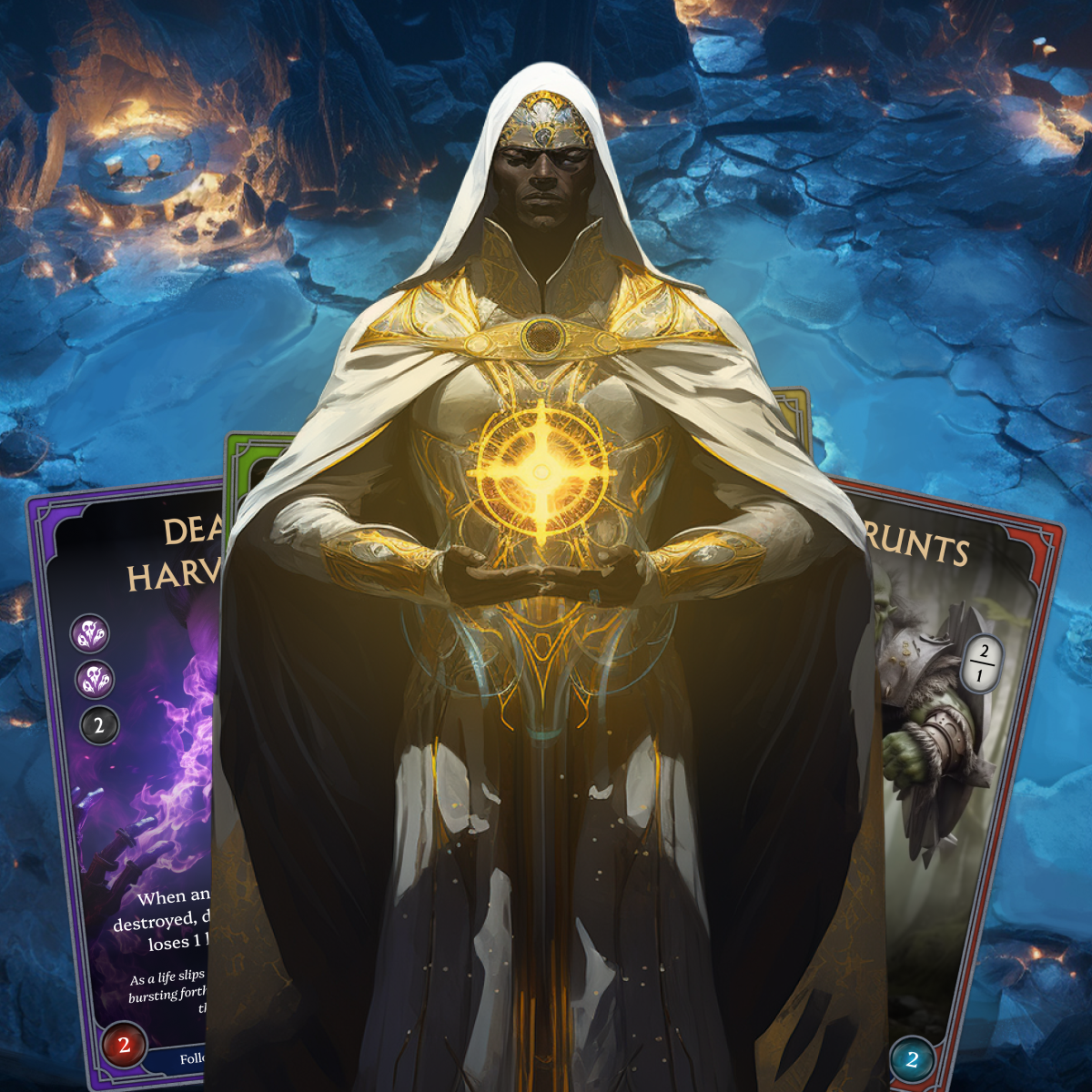 A fantasy character with dark skin, dressed in white and gold robes, holding a glowing golden orb with intricate markings. Behind the character are two illustrated cards from a game, one labeled "Deathharvester" and the other "Dark Wraith Trunts". The background is a mystical, icy blue cave scene.