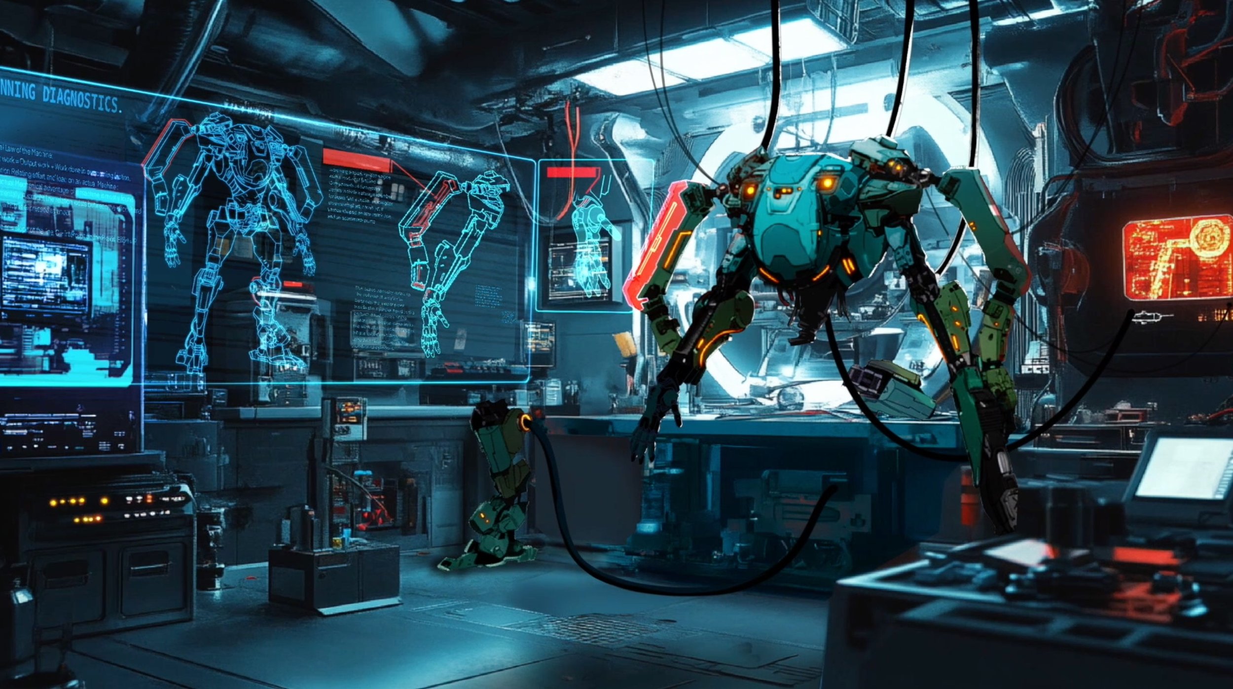 Inside a high-tech sci-fi laboratory, a large mech robot is suspended in the air, connected by wires. Several emerging monitors and holographic displays show schematics, blueprint outlines of the robot, and technical data.