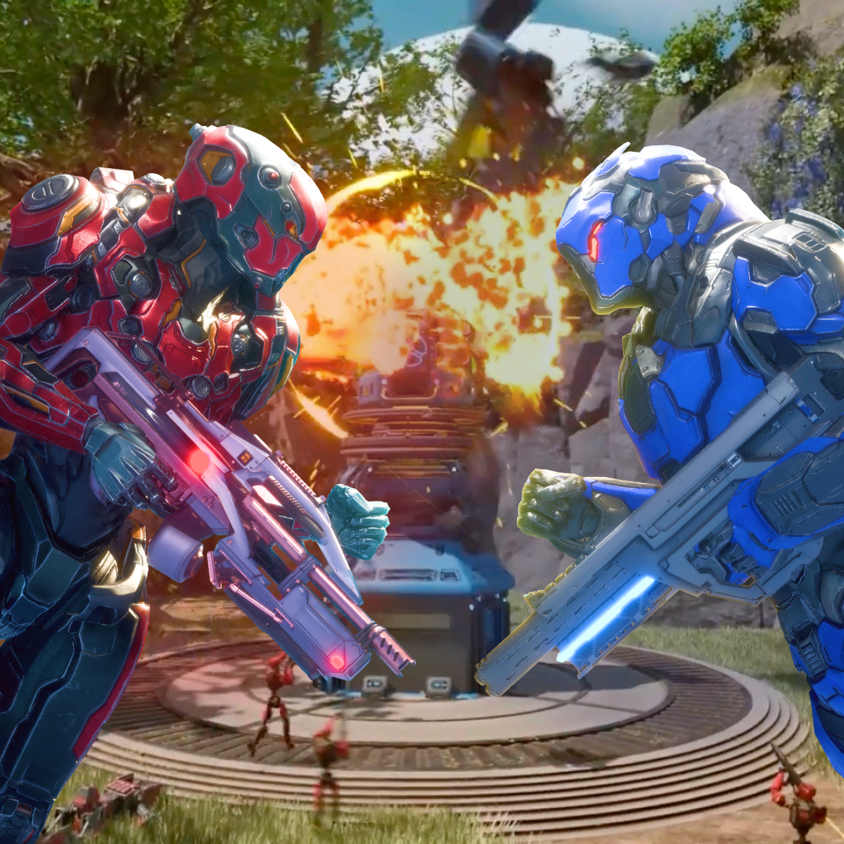 Futuristic armored soldiers in combat with guns face off in front of an explosion and destroyed vehicle, with trees and blue sky in the background.