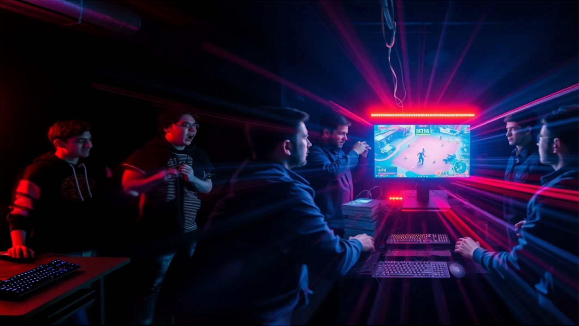 Group of young people developing a video game in a dark room with neon lighting, focused on a large screen displaying an active game.