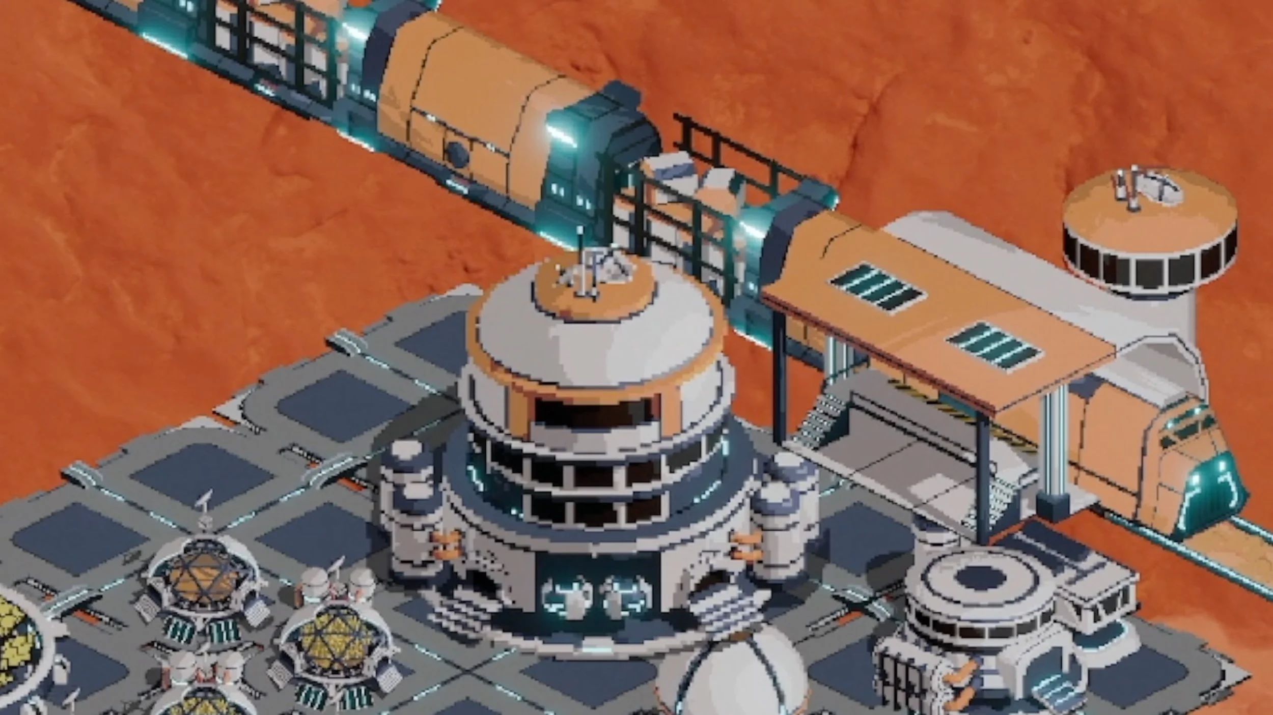 Futuristic space station with buildings, domes, solar panels, and a connecting corridor set against a red planet surface.
