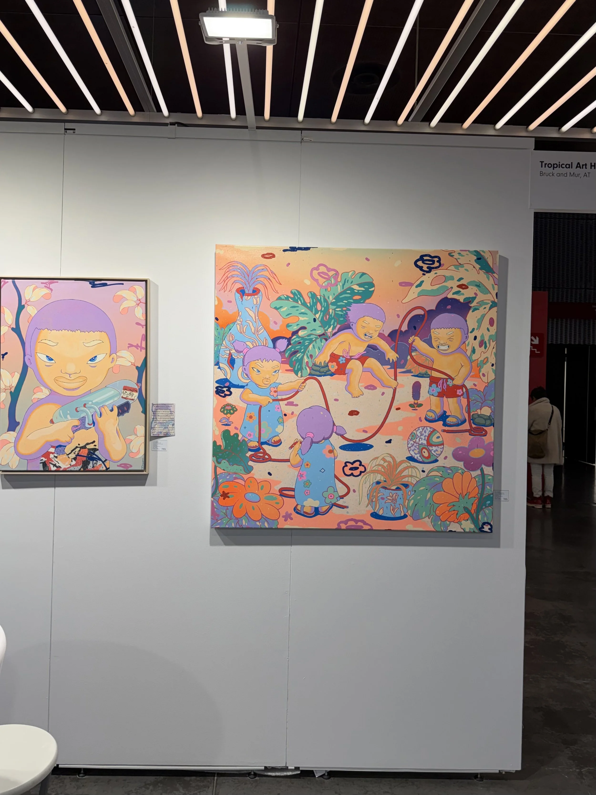 Colorful painting of children playing with jump ropes and a ball in a vibrant outdoor setting with lush greenery and flowers.