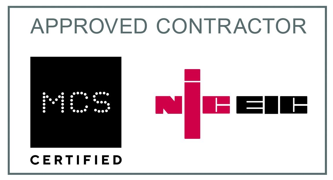 Approved contractor sign displaying certification from MCS, NIEC, and other organizations.