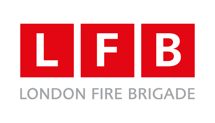 Logo of the London Fire Brigade with red squares containing white letters L, F, and B, and the text "London Fire Brigade" below.