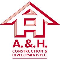 Logo for A. & H. Construction & Developments LLC, featuring a stylized house with red outline and text underneath.