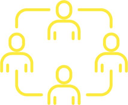 Iconic yellow outline of five people connected in a circular network on a black background.