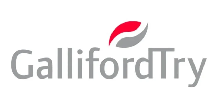 Logo of GallifordTry with stylized red and gray leaf above the company name