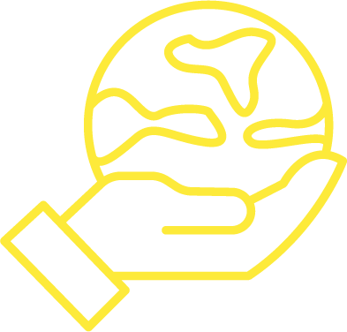 Outline of a hand holding a globe with landmasses, depicted as a yellow line drawing on a black background.