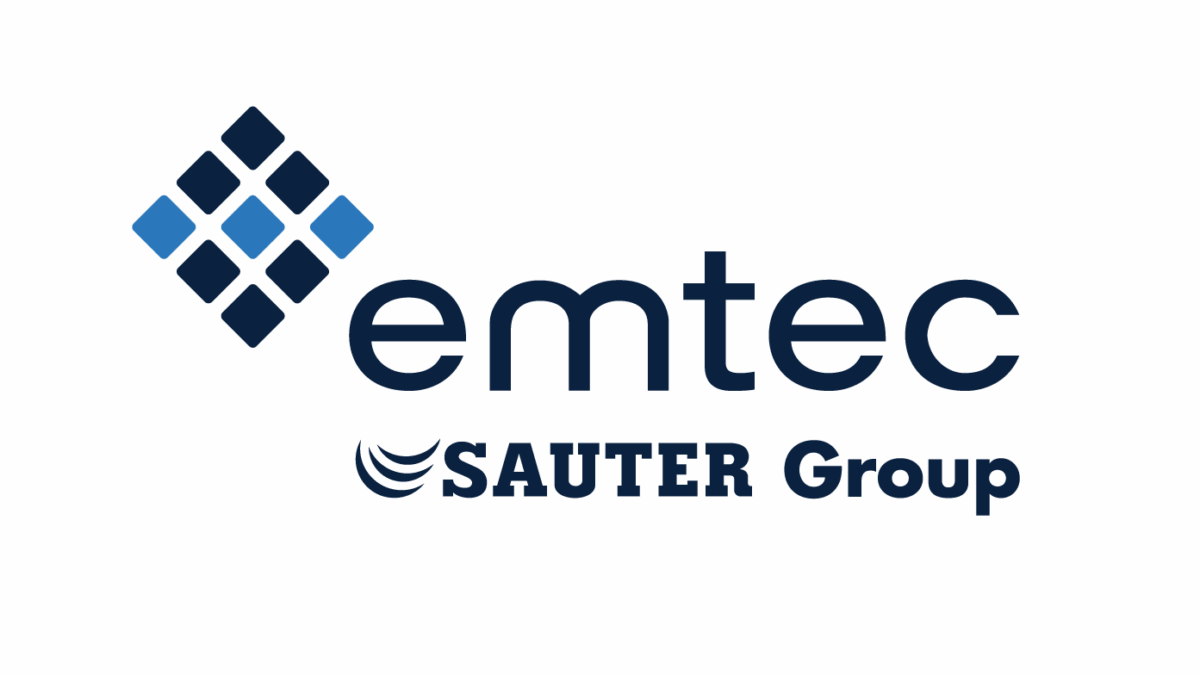 Company logo with four blue diamond shapes and the text 'emtec SATTER Group' in dark blue on a dark background.