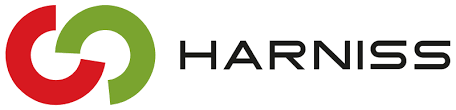 Logo for HARNISS featuring a red and green intertwined circular design with the company name in black text
